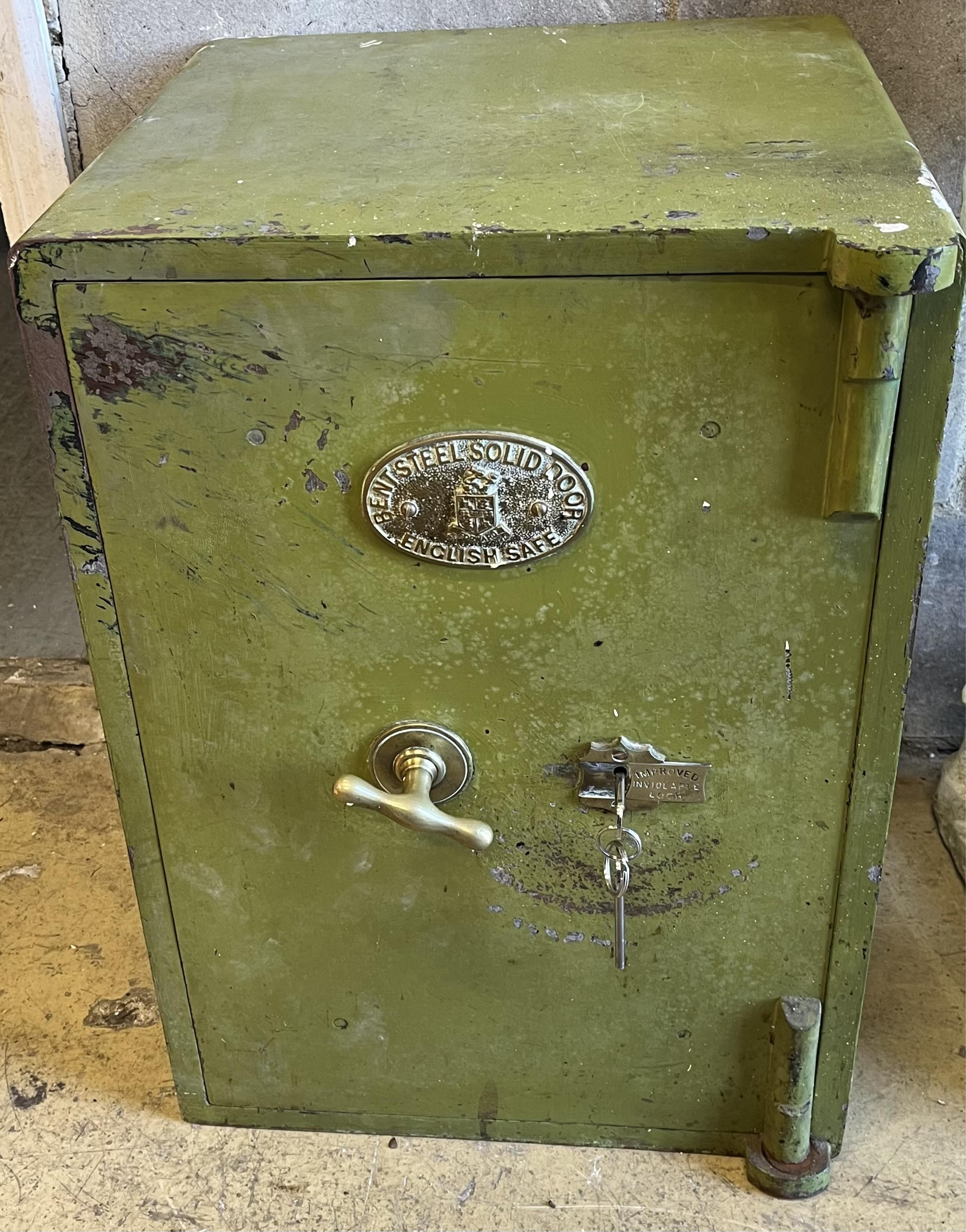 A Victorian cast iron ‘’Bent steel solid door English safe’’, with two keys, width 43cm, depth 40cm, height 61cm. Condition - fair